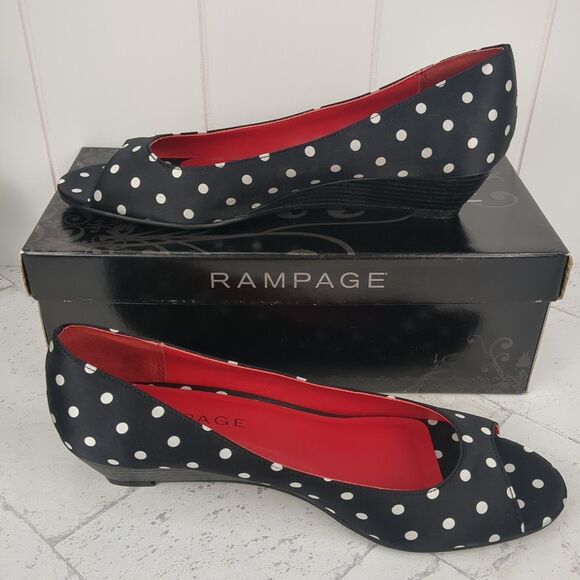 Polka Dot Black And White Peep Toe Wedge Heel Size 8M Rampage NIB Rockabilly - Picture 4 of 8